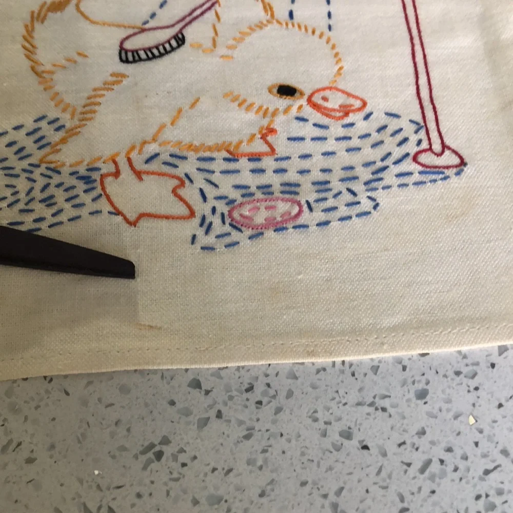 4 vintage hand embroidered canon linen tea towels with baby ducks and baby lamb